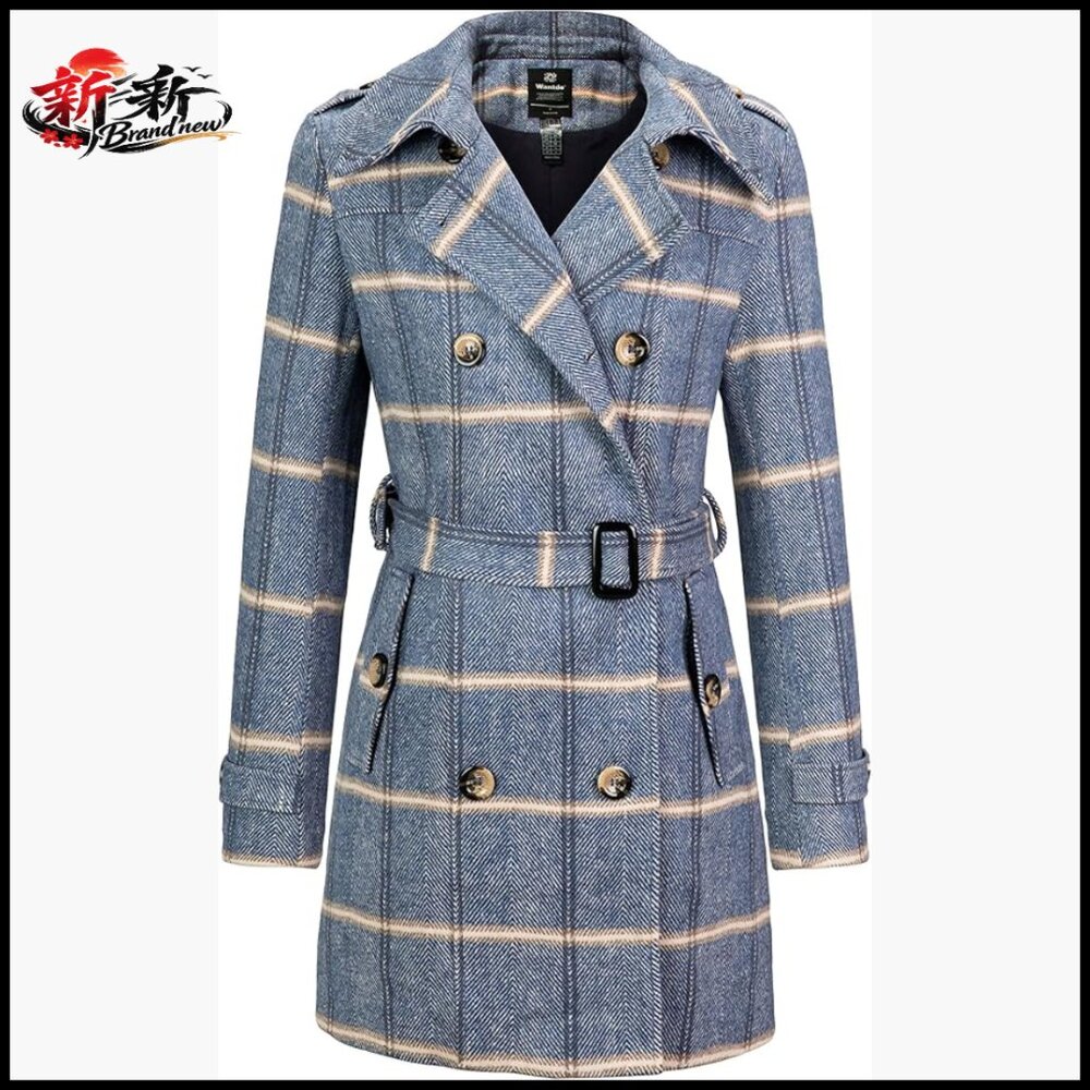 Women's Double Breasted Pea Coat With Belt, Windproof Polyester